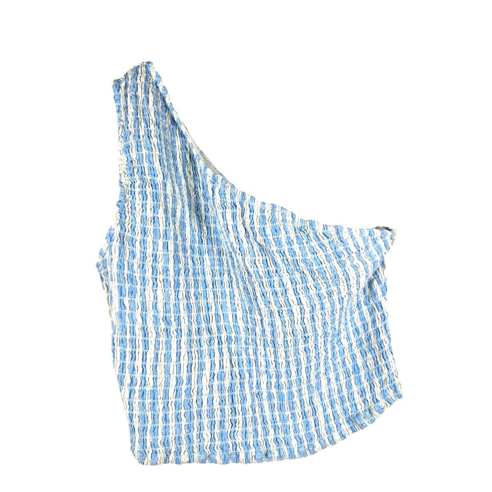 A New Day One Shoulder Seersucker Smock Linen Blend Striped Crop Top Blue White